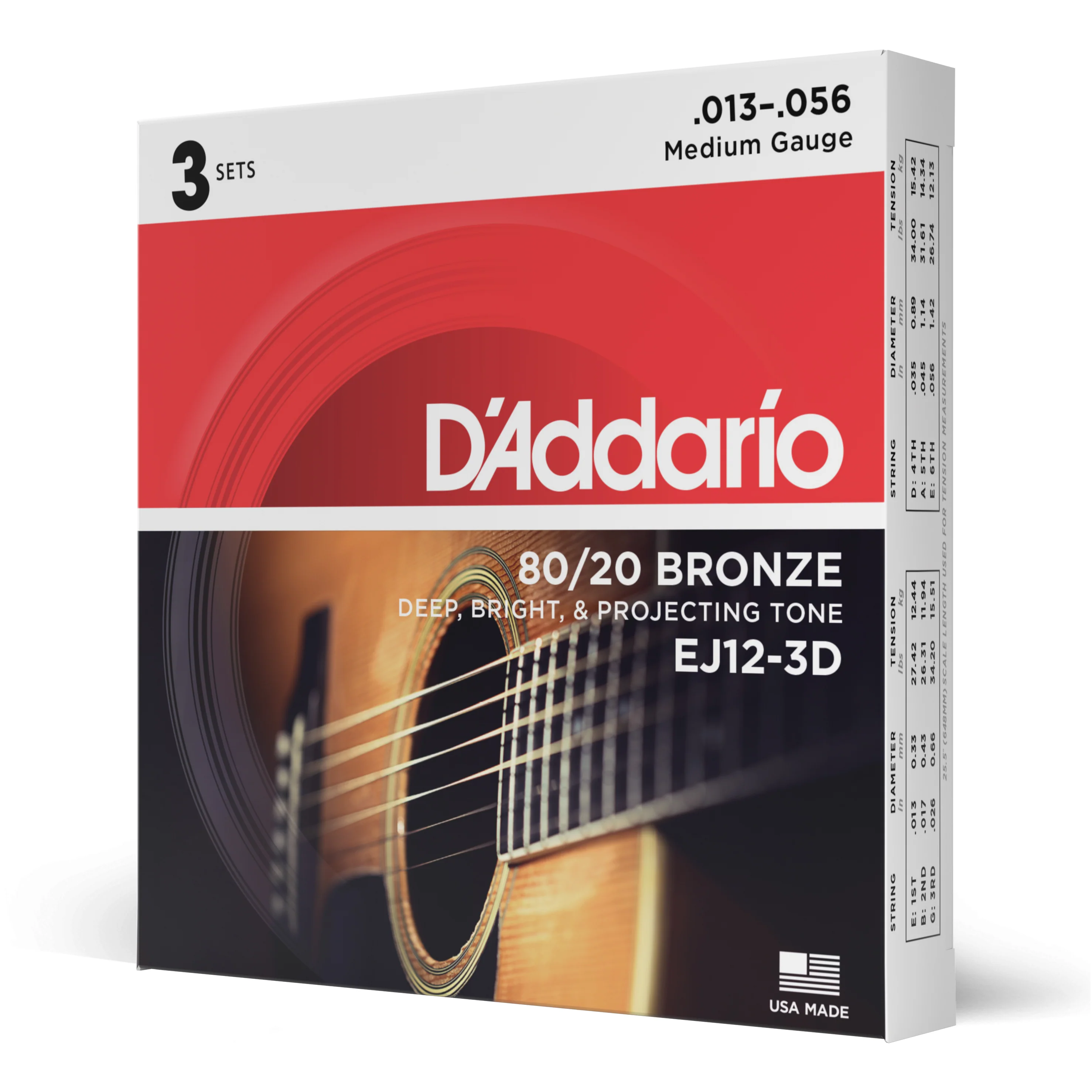 D'Addario EJ12-3D Medium 80/20 Bronze Acoustic Guitar Strings, Medium 13-56 - 3 Pack